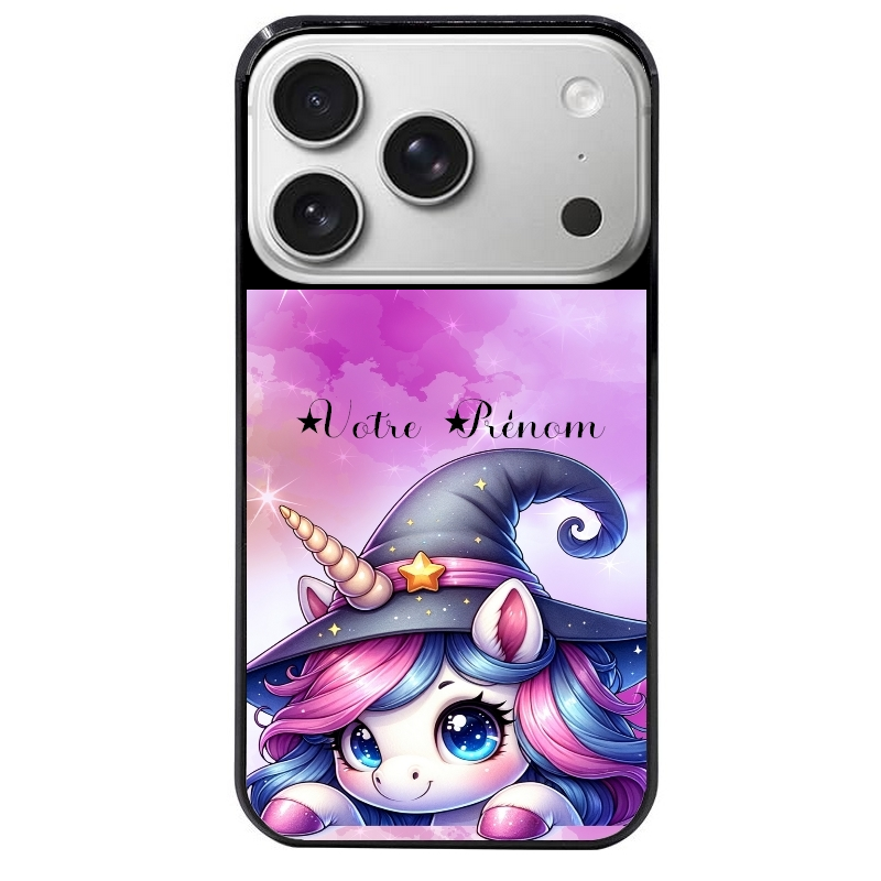 Coque noire taperso pour Iphone 17 17E AIR MAX PRO avec motif licorne magic avec prenom protection antichoc personnalisée