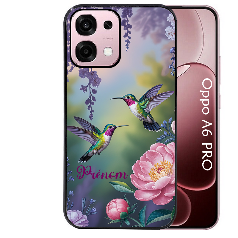 Coque noire taperso pour OPPO A6 PRO 4G et 5G avec motif colibri couple personnalise protection antichoc personnalisée