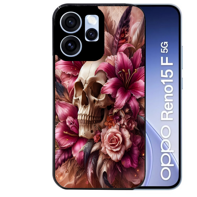 Coque noire taperso pour OPPO Reno 15 et F FS 5G avec motif tete de mort skull plume protection antichoc personnalisée