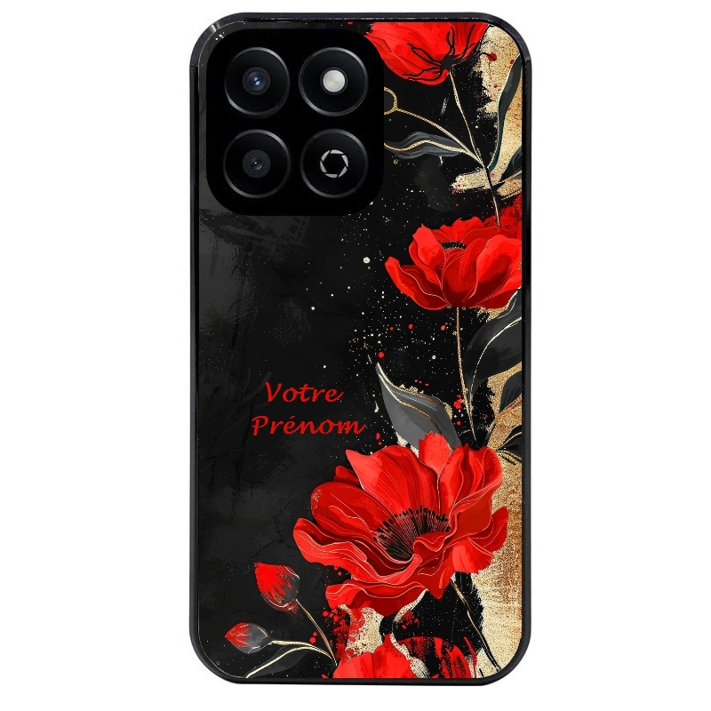 Coque noire taperso pour Honor 70 LITE 90 et LITE avec motif fleur rouge avec prenom protection antichoc personnalisée