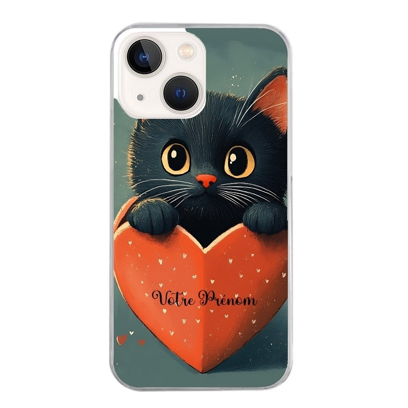 Coque taperso pour Iphone 15 et PRO PLUS PRO MAX avec motif chat et coeur avec prenom protection antichoc personnalisée