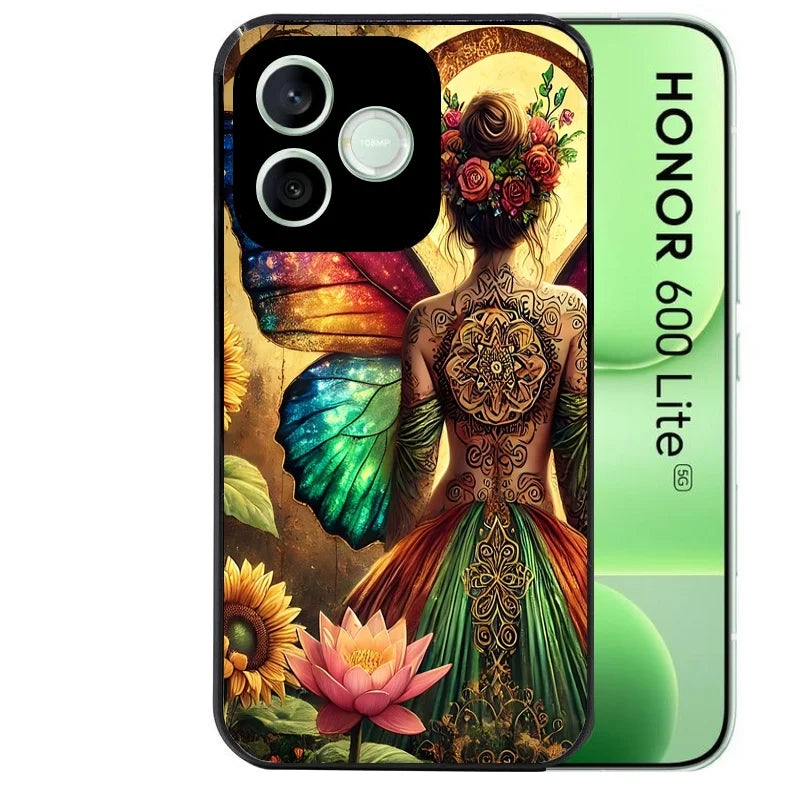 Coque noire pour Honor 600 LITE avec motif fee et fleurs protection antichoc personnalisée