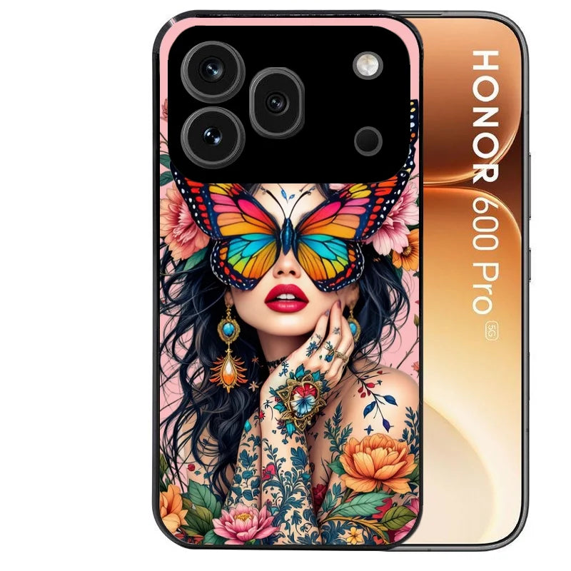 Coque noire taperso pour Honor 600 et 600 PRO avec motif femme papillon protection antichoc personnalisée