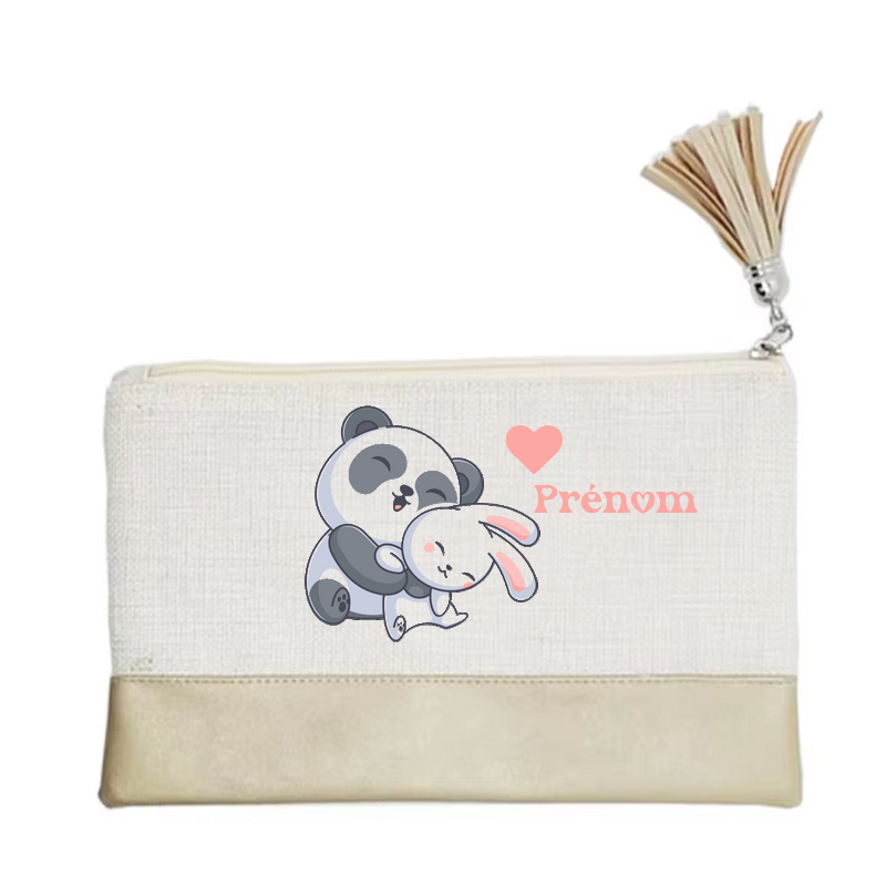 Pochette personnalisée motif panda et lapin en toile et simili cuir personnalisée