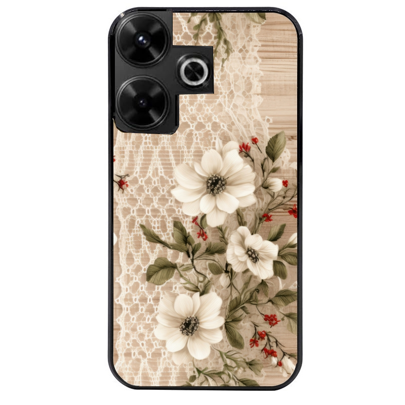 Coque noire taperso pour POCO M6 4G avec motif bois et dentelle 2 protection antichoc personnalisée