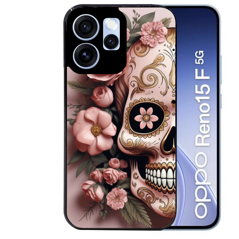 Coque noire taperso pour OPPO Reno 15 et F FS 5G avec motif tete de mort calavera rose protection antichoc personnalisée