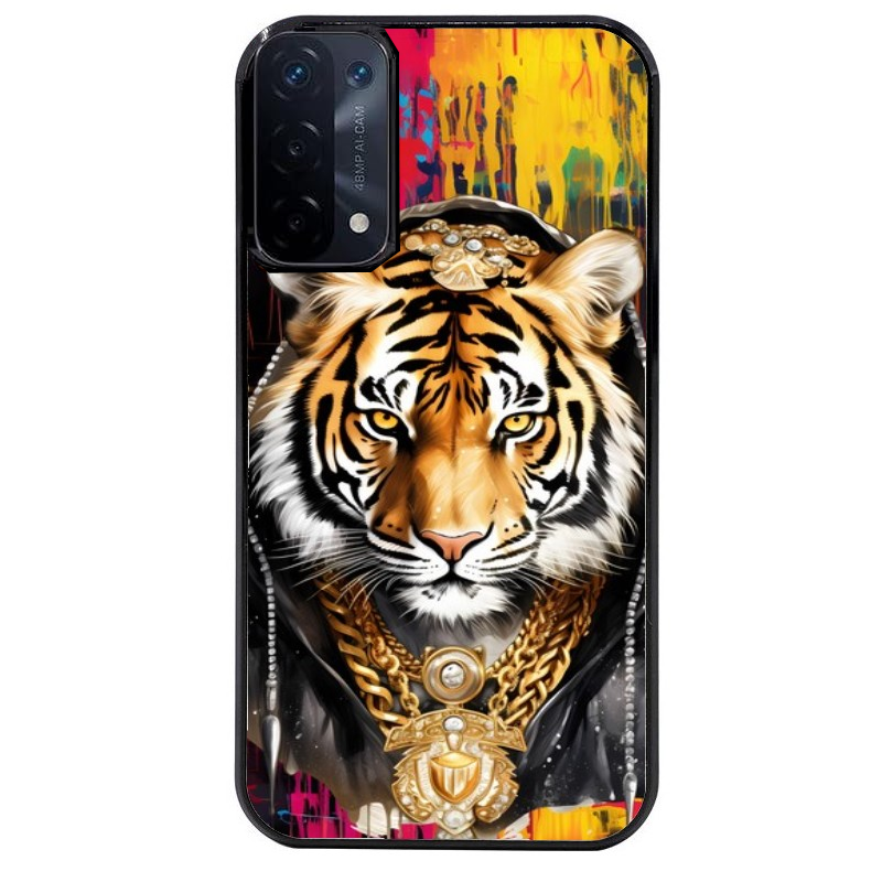 Coque noire taperso pour OPPO A54 et A74 5G avec motif tigre style hip hop protection antichoc personnalisée