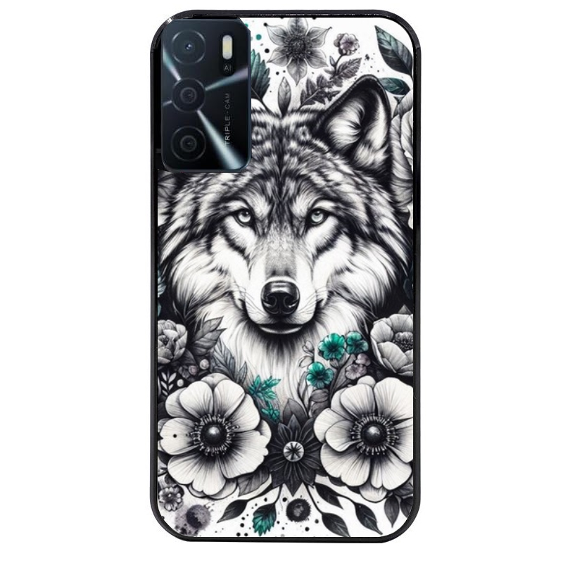 Coque noire taperso pour OPPO A16 et A16S avec motif loup et fleur protection antichoc personnalisée