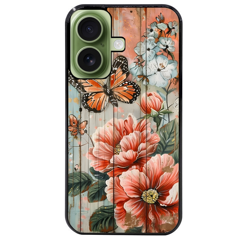 Coque noire taperso pour Iphone 16 16E PLUS MAX PRO avec motif bois et papillon 3 protection antichoc personnalisée
