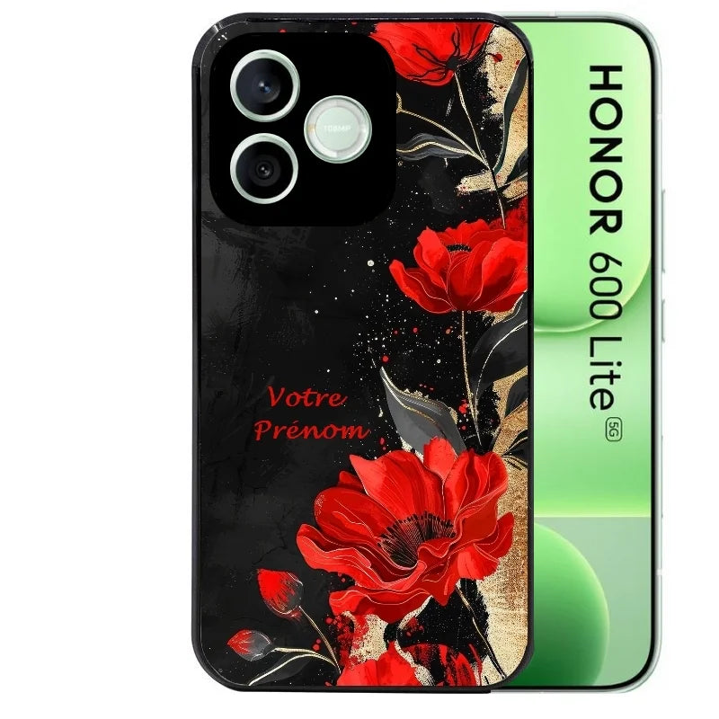 Coque noire pour Honor 600 LITE avec motif fleur rouge avec prenom protection antichoc personnalisée