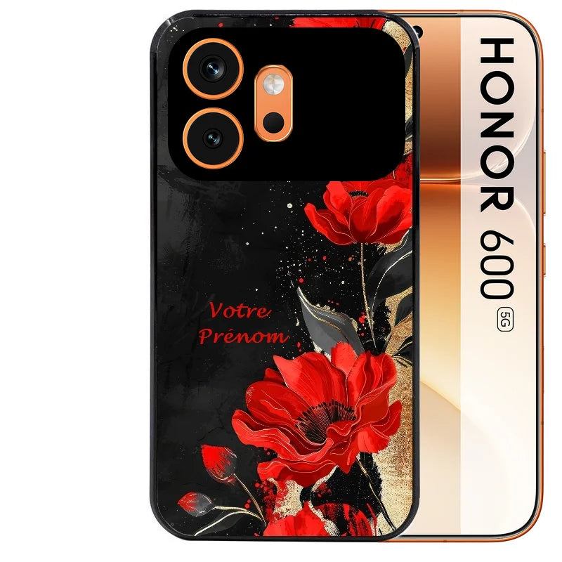 Coque noire taperso pour Honor 600 et 600 PRO avec motif fleur rouge avec prenom protection antichoc personnalisée
