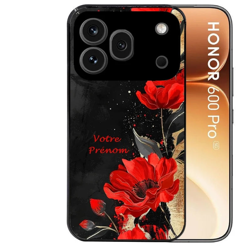 Coque noire taperso pour Honor 600 et 600 PRO avec motif fleur rouge avec prenom protection antichoc personnalisée