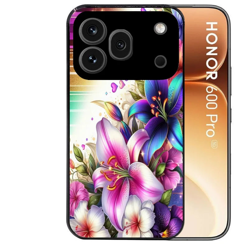 Coque noire taperso pour Honor 600 et 600 PRO avec motif fleur fluo protection antichoc personnalisée