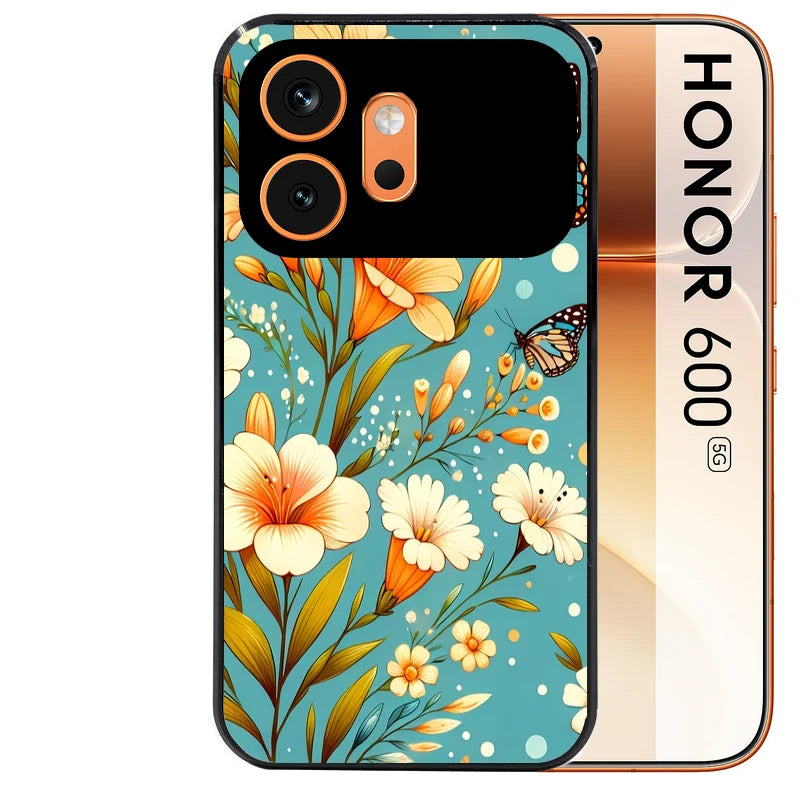 Coque noire taperso pour Honor 600 et 600 PRO avec motif fleur orange protection antichoc personnalisée