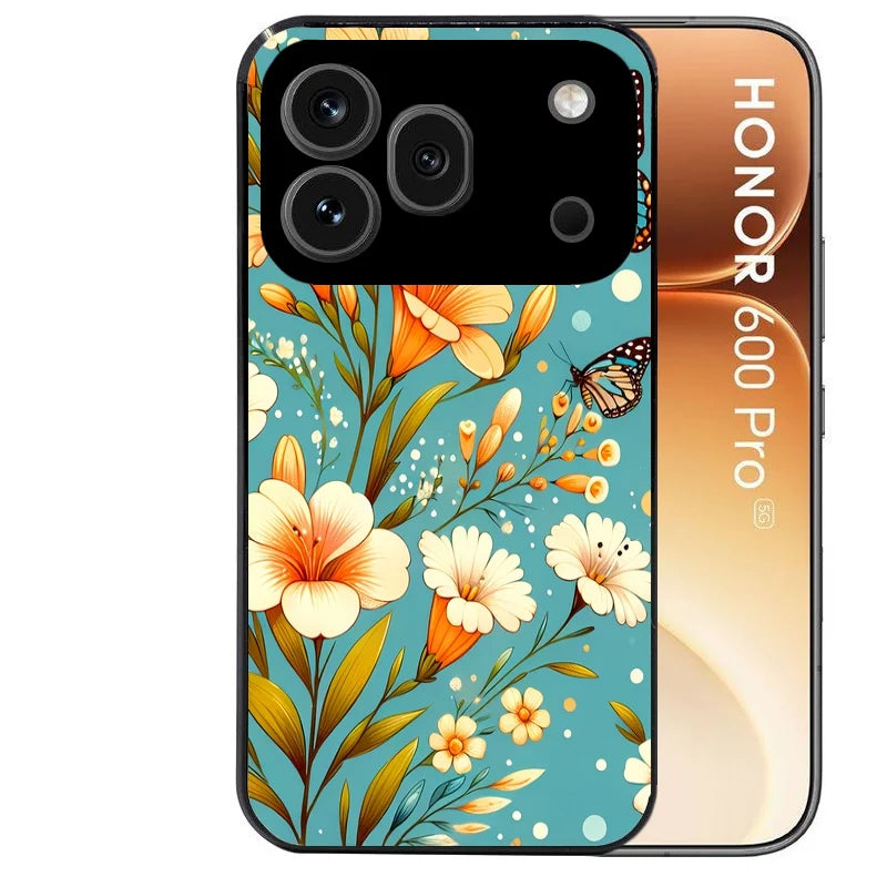 Coque noire taperso pour Honor 600 et 600 PRO avec motif fleur orange protection antichoc personnalisée