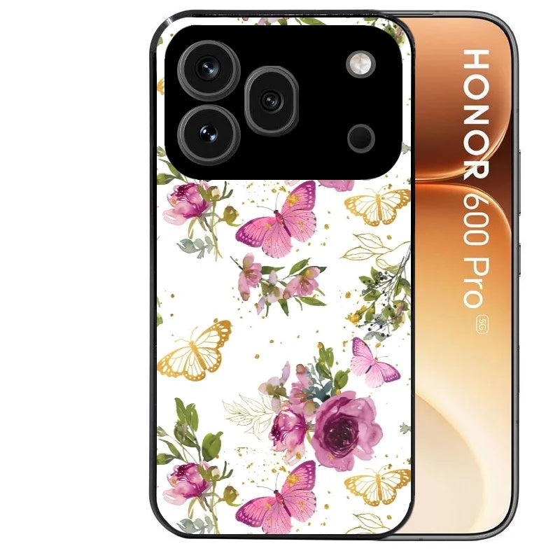 Coque noire taperso pour Honor 600 et 600 PRO avec motif fleur et papillon protection antichoc personnalisée