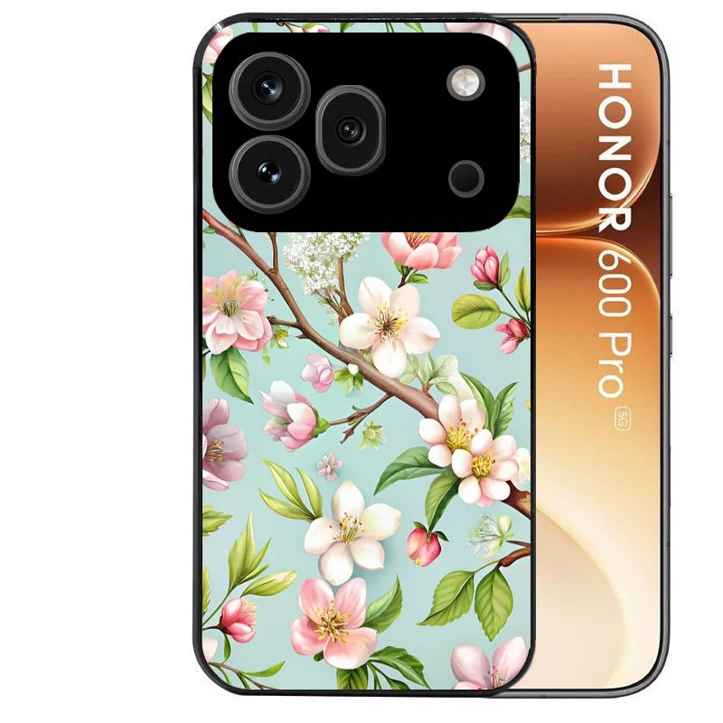 Coque noire taperso pour Honor 600 et 600 PRO avec motif fleur de printemps protection antichoc personnalisée