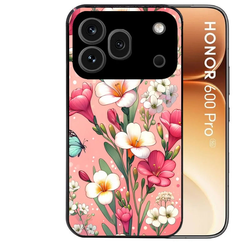 Coque noire taperso pour Honor 600 et 600 PRO avec motif fleur rose protection antichoc personnalisée