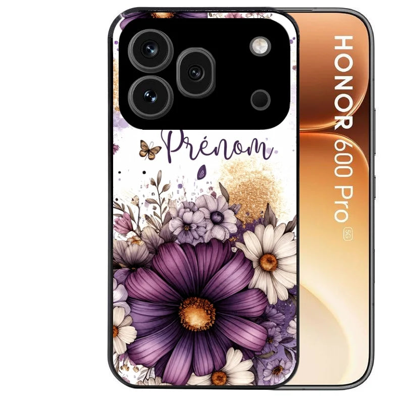 Coque noire taperso pour Honor 600 et 600 PRO avec motif fleur violette personnalisee protection antichoc personnalisée