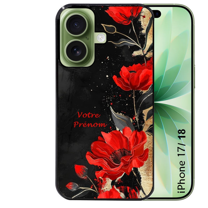 Coque pour Iphone 18 / PRO / PRO MAX / 18E personnalisée fleur rouge avec prenom
