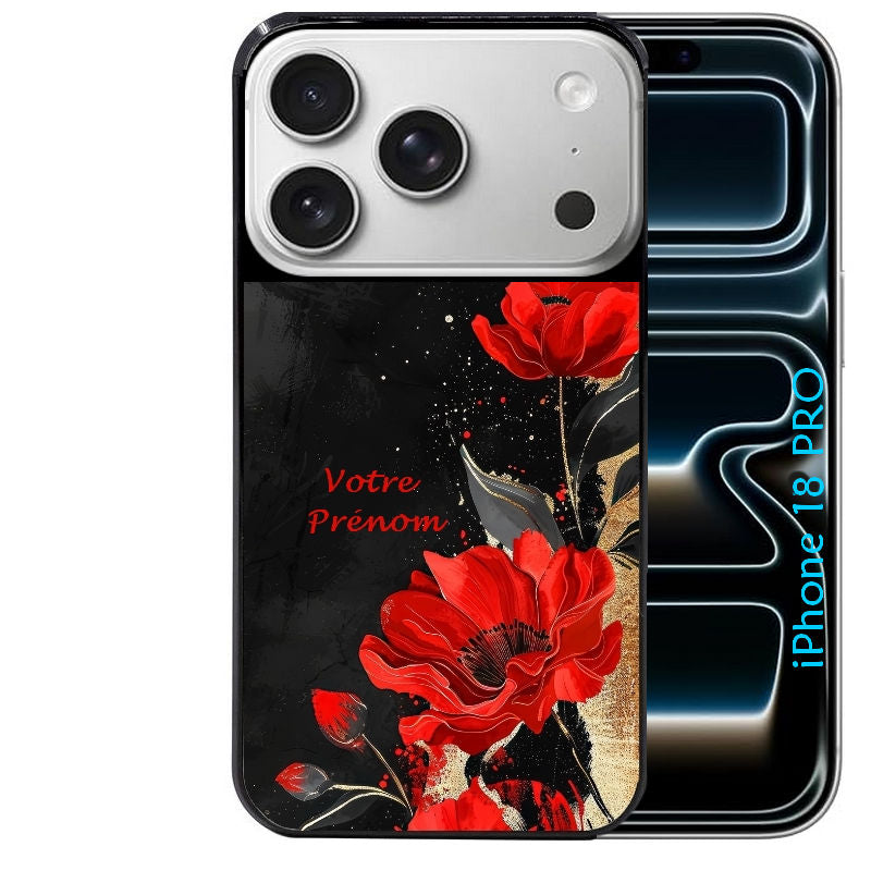 Coque pour Iphone 18 / PRO / PRO MAX / 18E personnalisée fleur rouge avec prenom