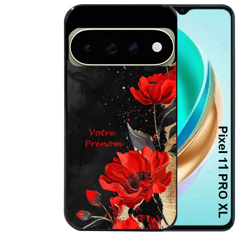 Coque pour Pixel 10 / 11 / PRO / XL personnalisée fleur rouge avec prenom