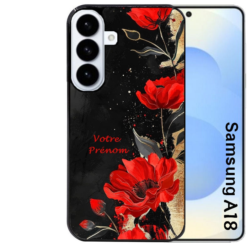 Coque pour Galaxy A08 A18 A28 A38 A58 personnalisée fleur rouge avec prenom