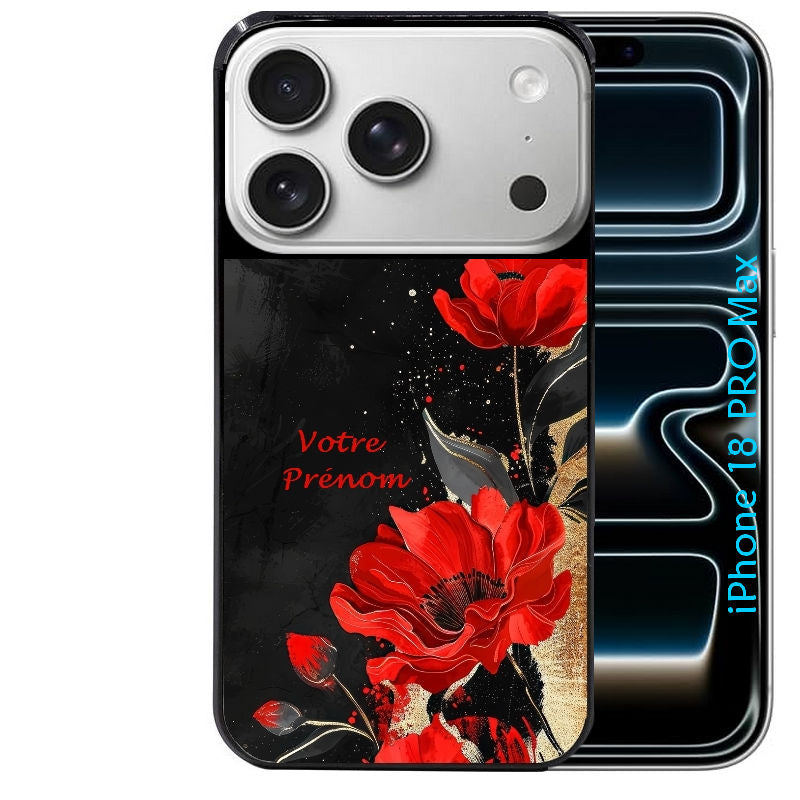 Coque pour Iphone 18 / PRO / PRO MAX / 18E personnalisée fleur rouge avec prenom