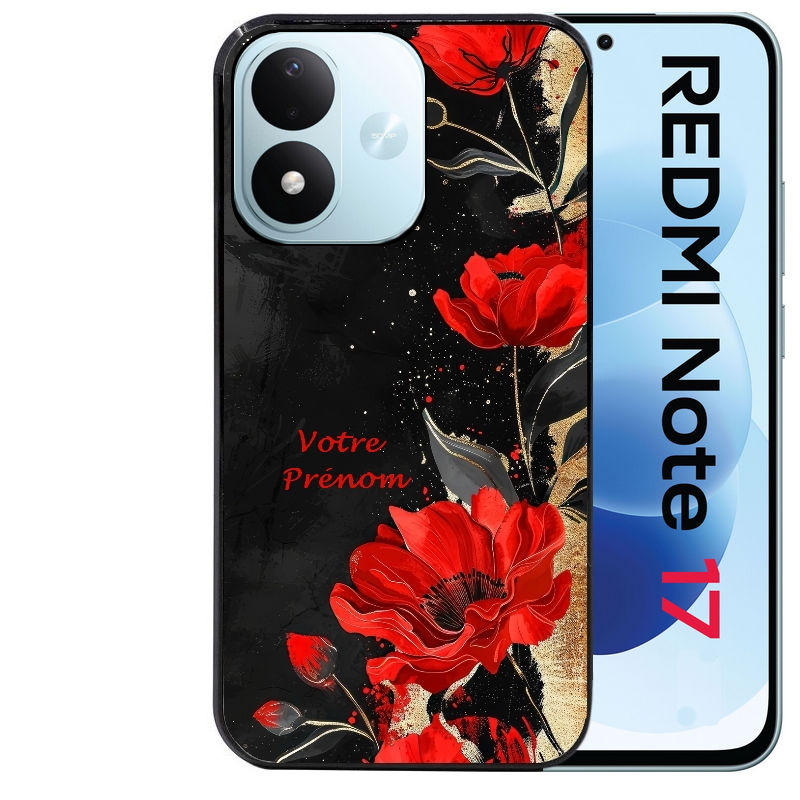 Coque pour Redmi Note 17 et PRO 4G 5G Max personnalisée fleur rouge avec prenom