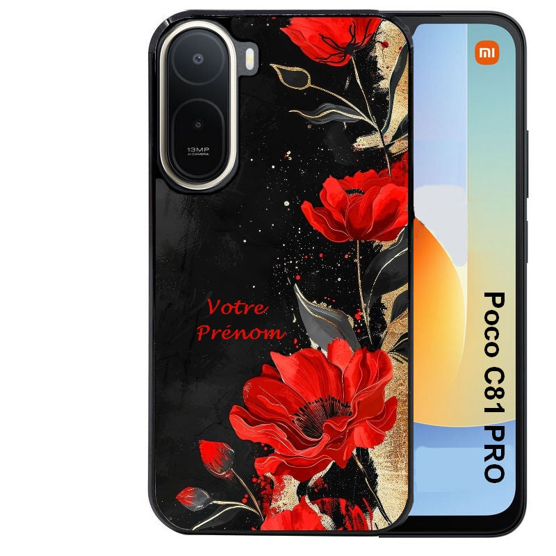 Coque pour POCO C81 PRO personnalisée fleur rouge avec prenom