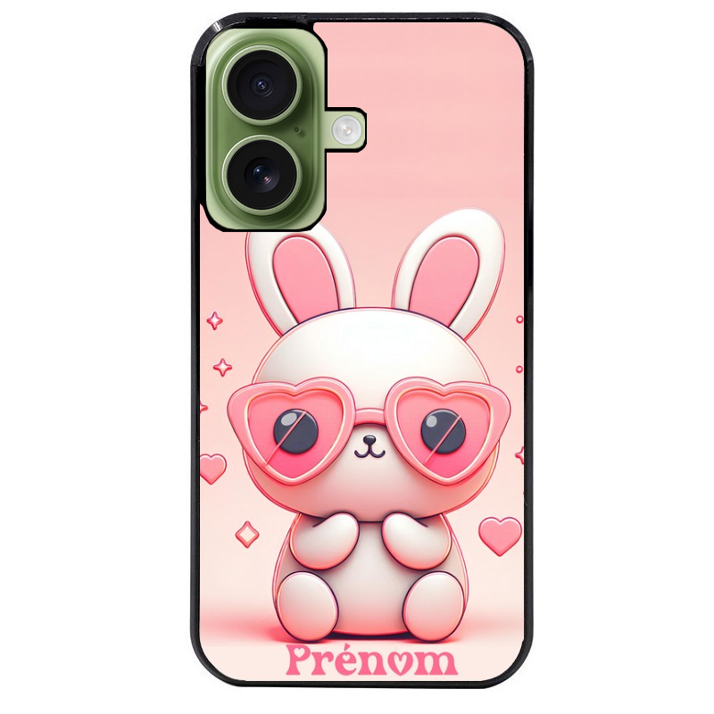 Coque noire taperso pour Iphone 16 16E PLUS MAX PRO avec motif lapin lunettes personnalisee protection antichoc personnalisée