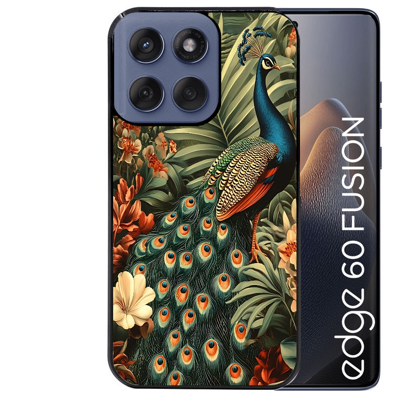 Coque noire taperso pour Moto Edge 60 et Neo Fusion Pro avec motif paon tropical protection antichoc personnalisée