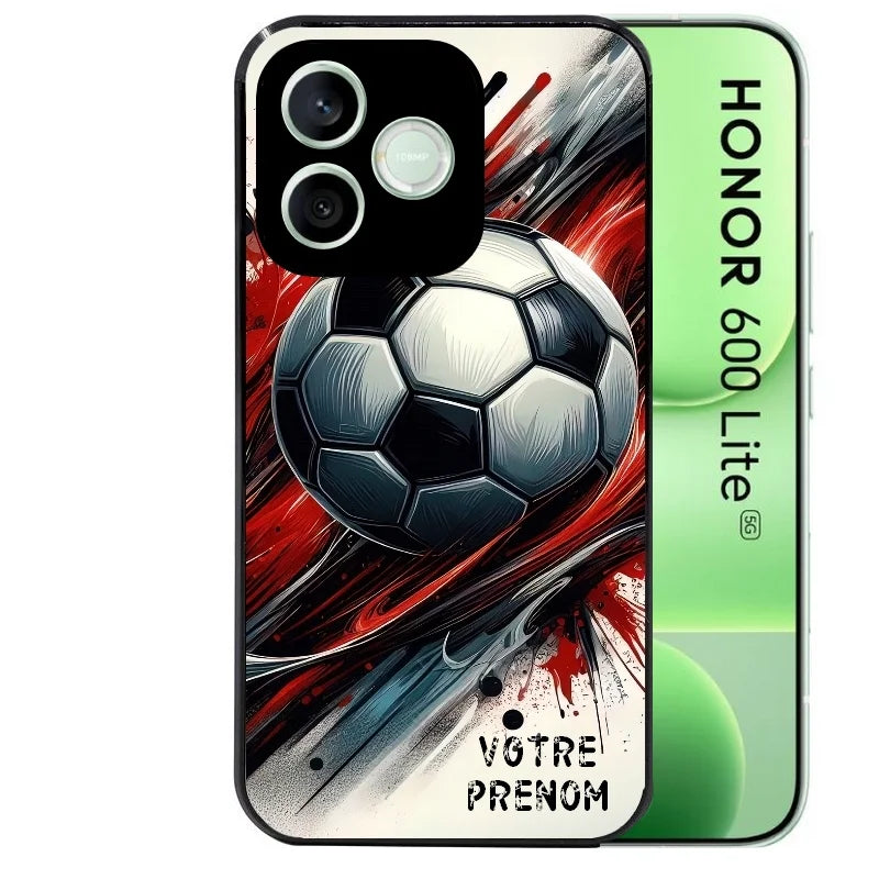 Coque noire pour Honor 600 LITE avec motif ballon foot avec prenom protection antichoc personnalisée