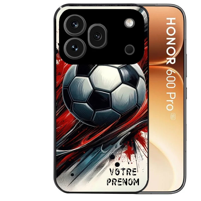 Coque noire taperso pour Honor 600 et 600 PRO avec motif ballon foot avec prenom protection antichoc personnalisée