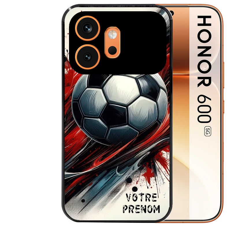 Coque noire taperso pour Honor 600 et 600 PRO avec motif ballon foot avec prenom protection antichoc personnalisée