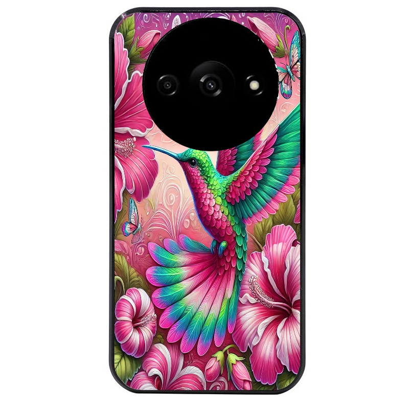 Coque noire taperso pour Redmi A3 avec motif colibri et fleurs protection antichoc personnalisée