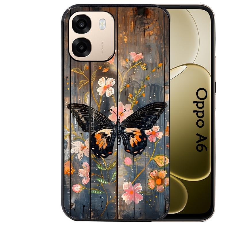 Coque noire taperso pour OPPO A6 A6X 4G et 5G avec motif bois et papillon 2 protection antichoc personnalisée