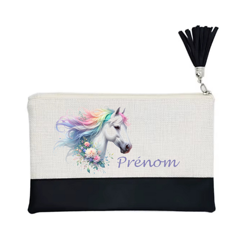 Pochette personnalisée motif cheval fleur en toile et simili cuir personnalisée