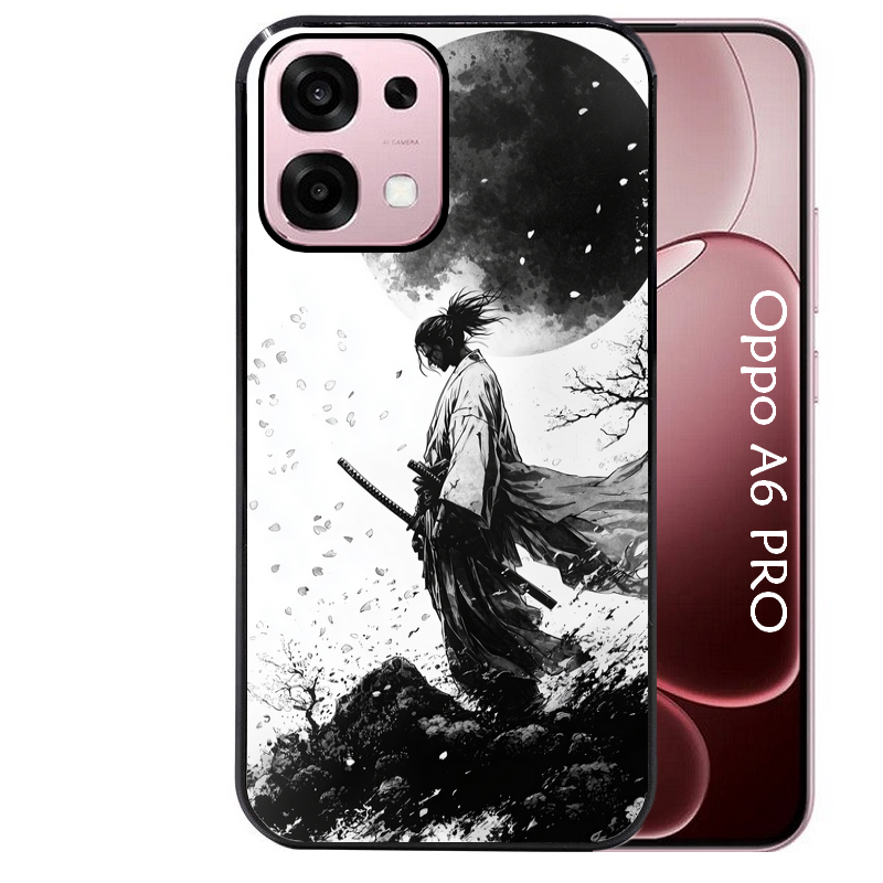 Coque noire taperso pour OPPO A6 PRO 4G et 5G avec motif samourai et lune protection antichoc personnalisée