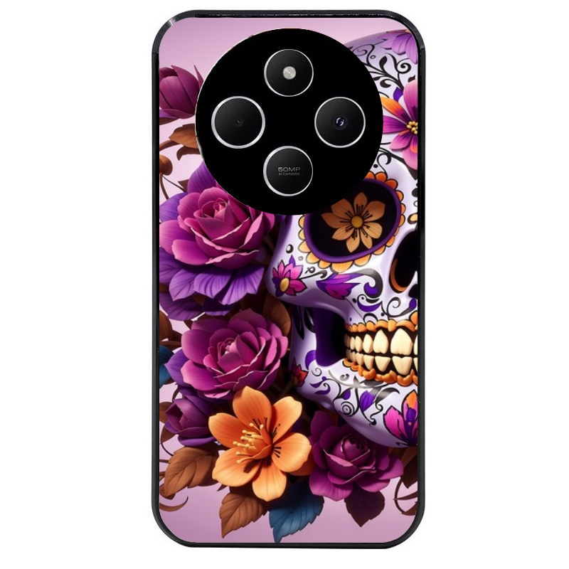 Coque noire taperso pour POCO C75 avec motif tete de mort calavera violette protection antichoc personnalisée
