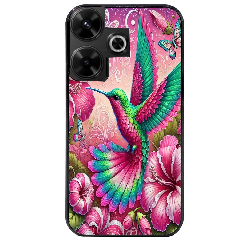 Coque noire taperso pour POCO M6 4G avec motif colibri et fleurs protection antichoc personnalisée