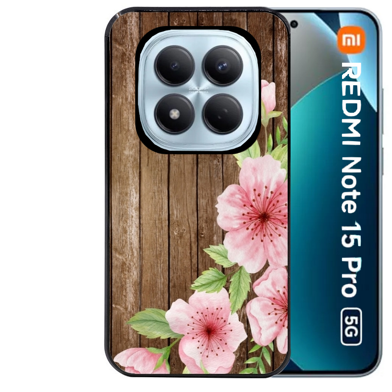 Coque noire taperso pour Redmi Note 15 et PRO PLUS 4G 5G avec motif bois avec fleur rose protection antichoc personnalisée