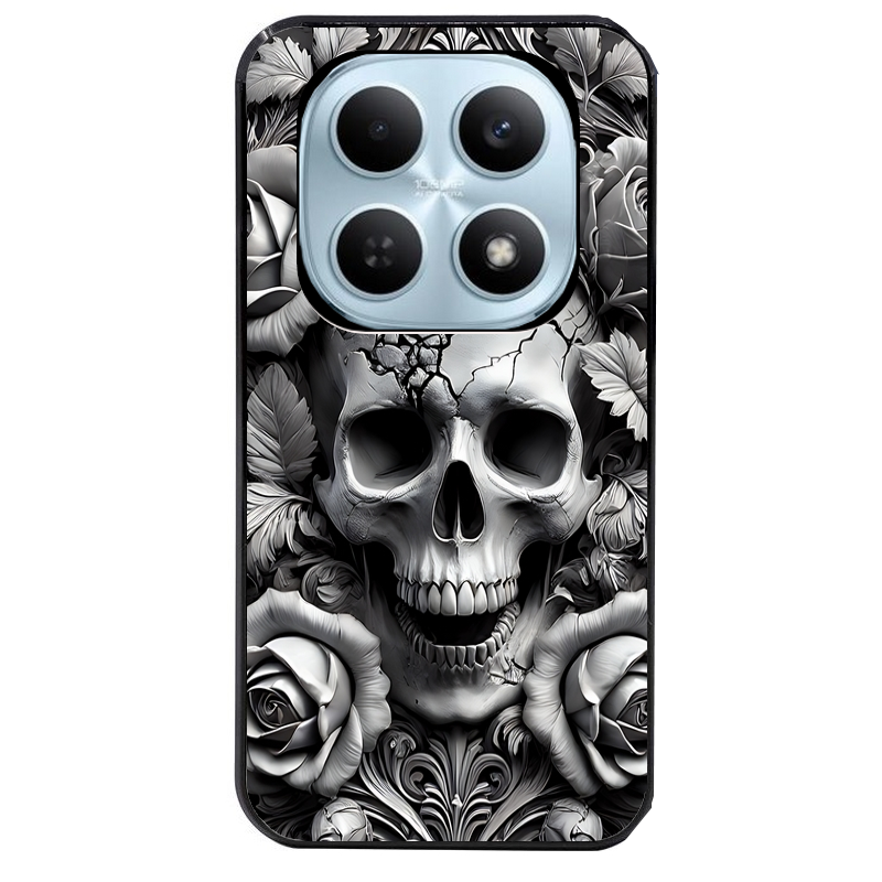 Coque noire taperso pour POCO M8 5G et PRO 5G avec motif tete de mort fleur protection antichoc personnalisée