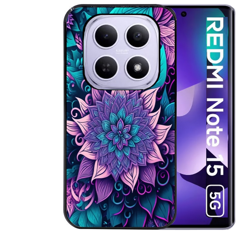 Coque noire taperso pour Redmi Note 15 et PRO PLUS 4G 5G avec motif tropical mandala et fleur violet protection antichoc personnalisée