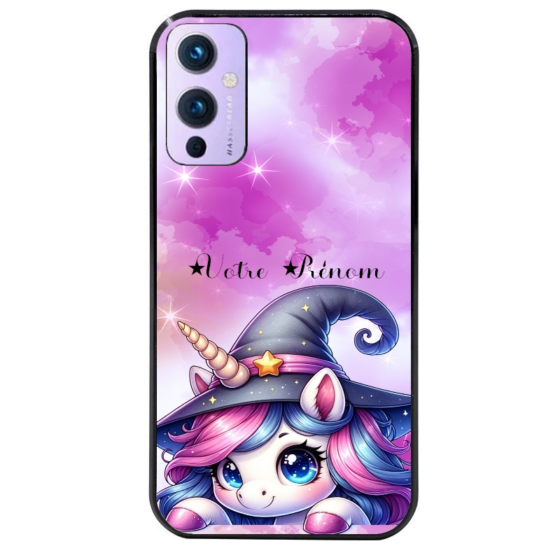 Coque noire taperso pour OnePlus 9 et 9 PRO avec motif licorne magic avec prenom protection antichoc personnalisée