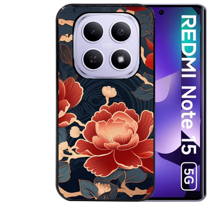 Coque noire taperso pour Redmi Note 15 et PRO PLUS 4G 5G avec motif fleur japan protection antichoc personnalisée