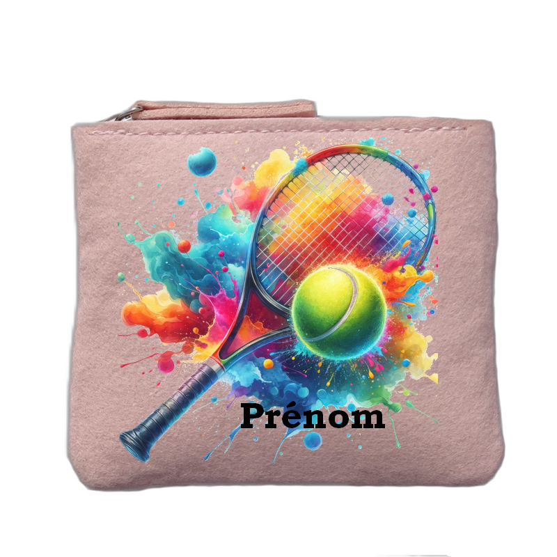 Porte monnaie personnalisé motif tennis raquette rose clair en feutrine en feutrine