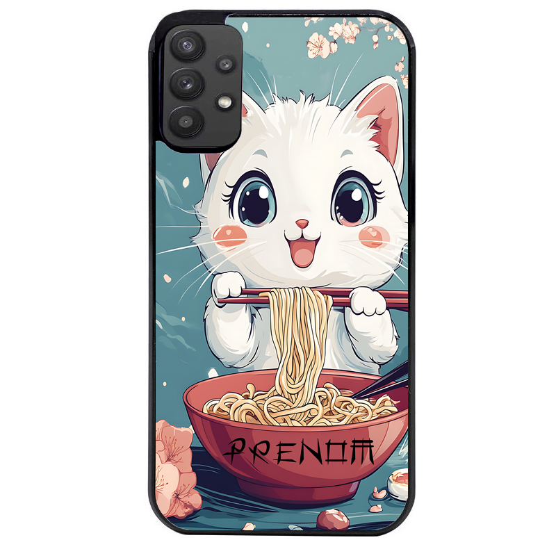 Coque noire taperso pour galaxy A22 A32 A52 A52S 4G 5G  avec motif chat ramen cerisier protection antichoc personnalisée