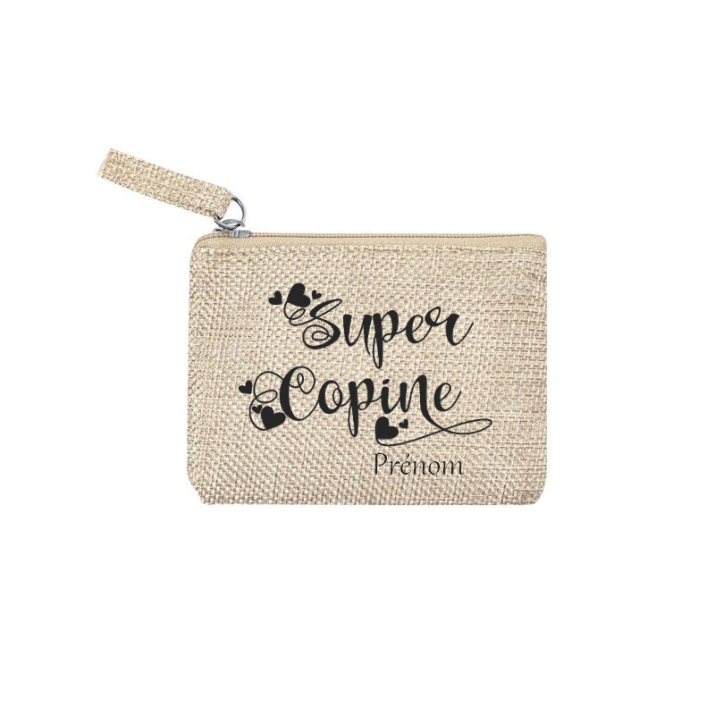 Pochette personnalisée motif super copine en toile et simili cuir personnalisée