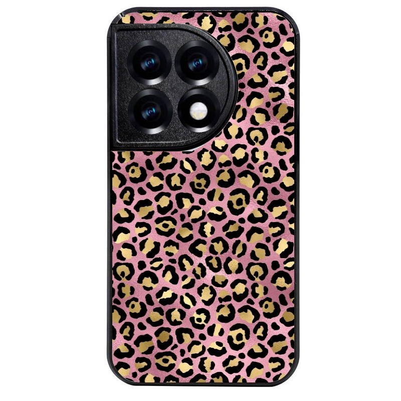 Coque noire taperso pour OnePlus 11 et 12 avec motif leopard rose protection antichoc personnalisée